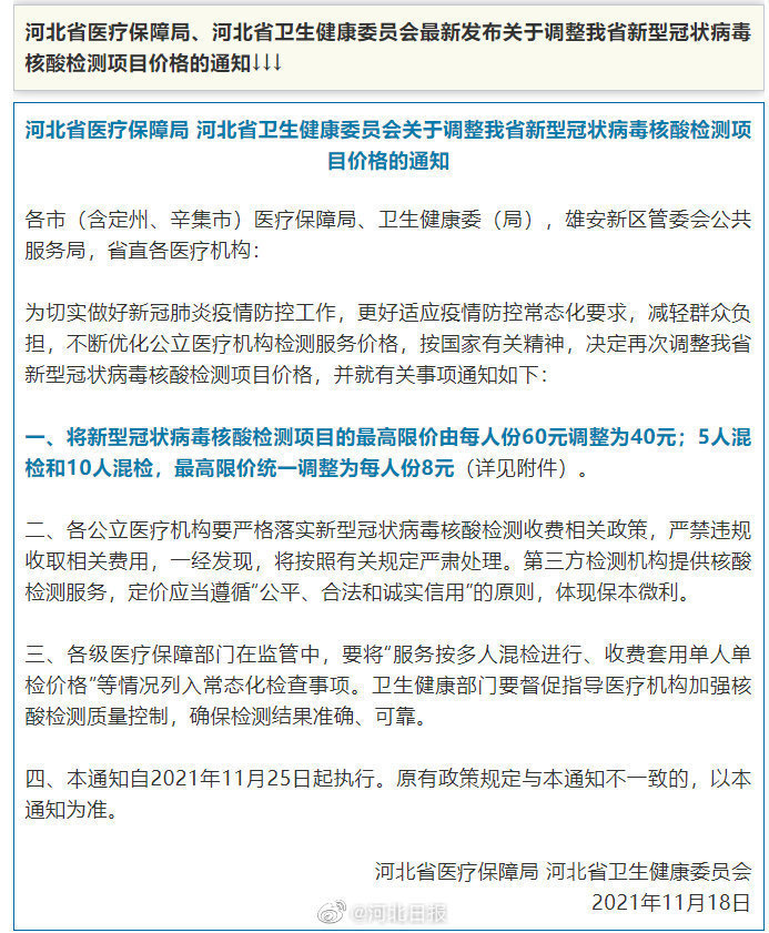 再降价！河北核酸价格最低8元，11月25日起执行