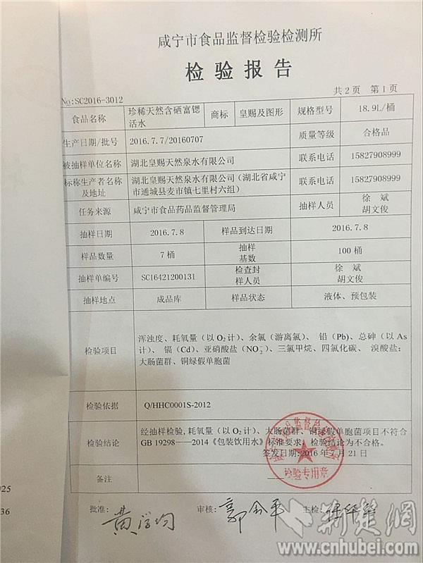1咸宁市食品监督检验检测所发布的检验报告显示皇赐桶装饮用水耗氧量、大肠菌群、铜绿假单胞菌超标_副本.jpg 1咸宁市食品监督检验检测所发布的检验报告显示皇赐桶装饮用水耗氧量、大肠菌群、铜绿假单胞菌超标_副本.jpg