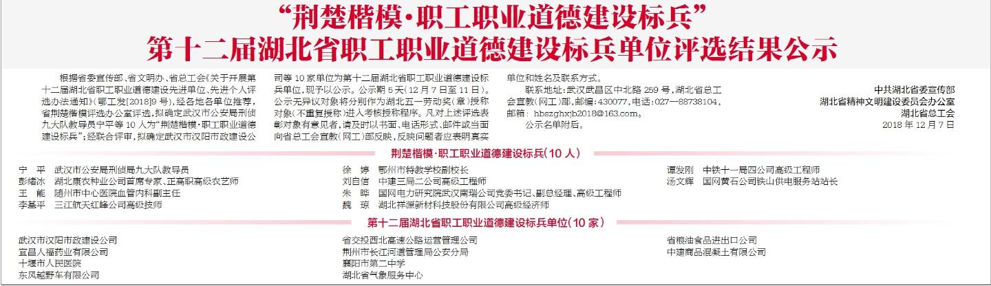 湖北省职工职业道德建设标兵单位评选结果公示