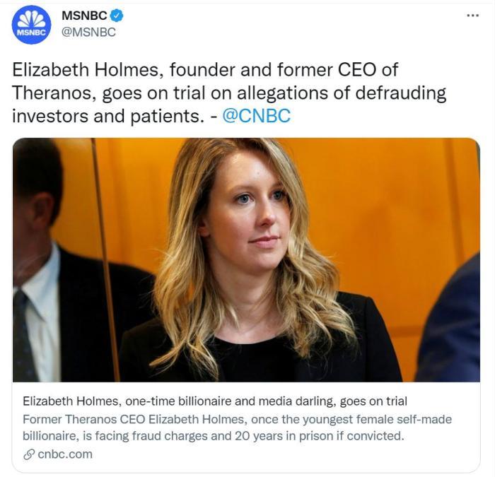 美媒报道伊丽莎白·霍尔姆斯涉嫌欺诈案开庭审理.